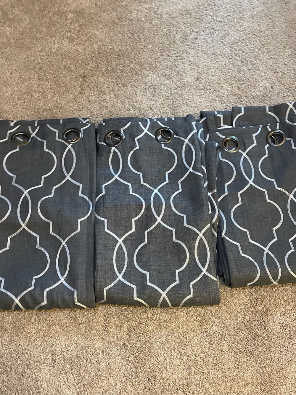 Gray White Geometric Pattern Grommet set of 3 black out panel drapes - New